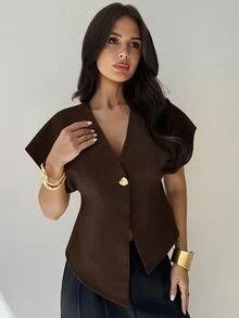 Firerie 女士优雅简约时尚百搭日常通勤纯色姜黄色蝙蝠袖不对称下摆休闲上衣，高端通勤极简主义解构主义宽松蝙蝠袖V领单排扣不对称下摆无袖衬衫，秋冬季款 - 棕色 - 查看 5