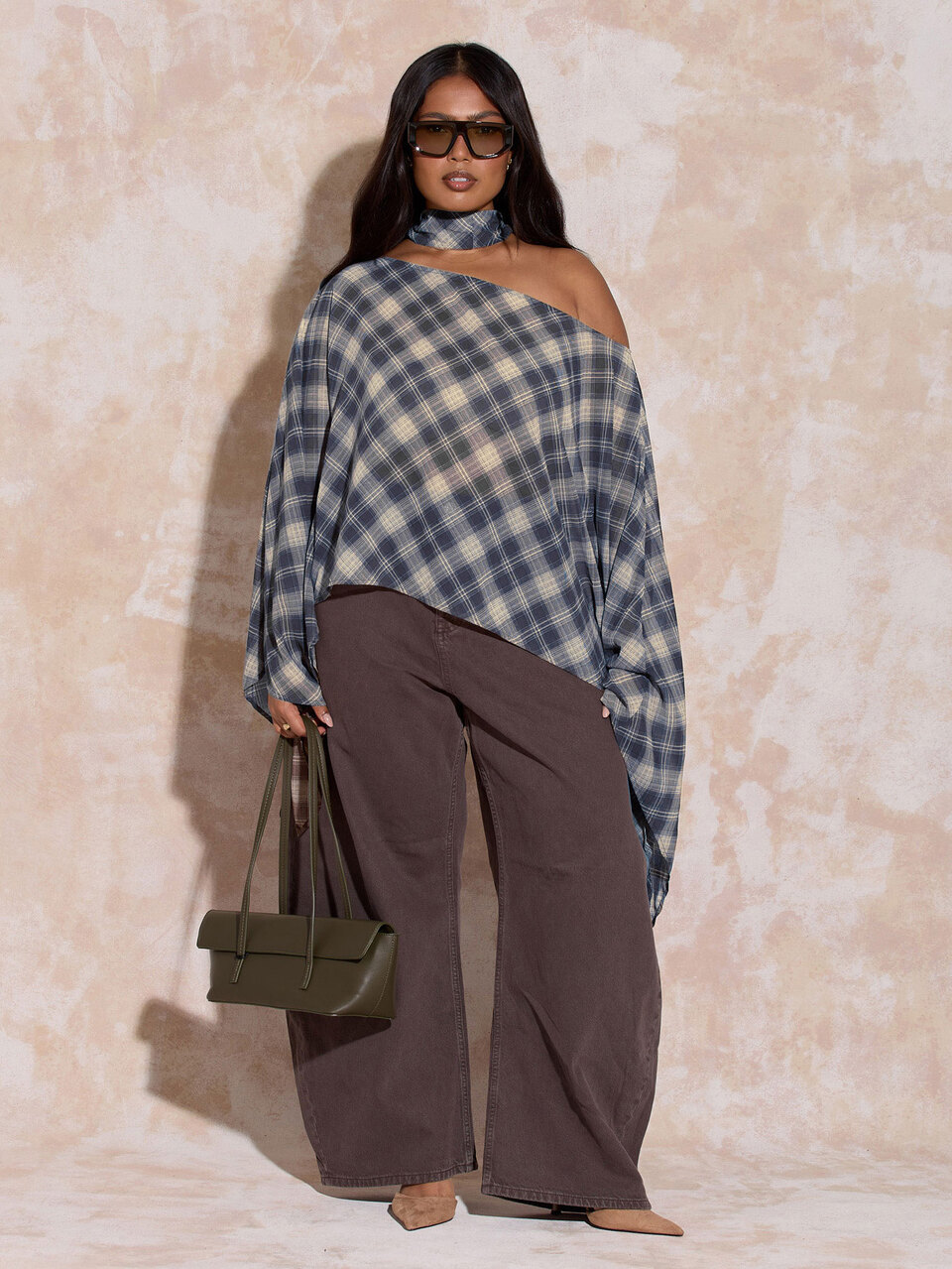 Plus Size Check Cape Chiffon Fall Blouse Neck Scarf Plus Size Elegant Chic City Office Wear To Work Date Night Brunch Loose Fit Elegant Chic Navy Blue Check Chiffon Woven Classy Fall Outfit Ideas Trending Autumn Winter Printed Shirt Blouse Lightweight Essential Wardrobe