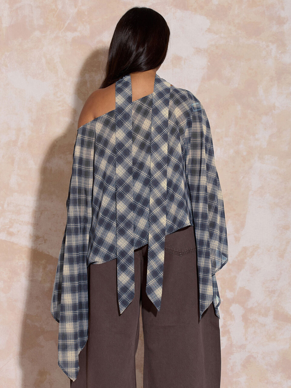 Plus Size Check Cape Chiffon Fall Blouse Neck Scarf Plus Size Elegant Chic City Office Wear To Work Date Night Brunch Loose Fit Elegant Chic Navy Blue Check Chiffon Woven Classy Fall Outfit Ideas Trending Autumn Winter Printed Shirt Blouse Lightweight Essential Wardrobe