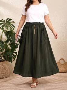 Rosumi 大尺碼女款彈性腰鈕扣休閒裙，春夏鄉村風度假綠色 - 軍綠色 - 查看 2