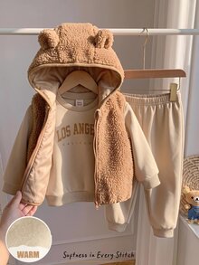 Cozy Pixies 男嬰 Polo 風格字母印花針織軟綿圓領長袖套頭衛衣、慢跑秋季長褲、可愛毛絨無袖背心 3 件套 - 彩色 - 查看 3