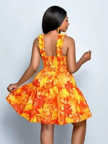 SOLERSUN Plus Size Women's Yellow Summer Boho Vacation Holiday Tropical Floral Leaf Print Crossover V-Neck Ruffled Strap Sleeveless A-Line Double-Layer Dress - Orange - View 5