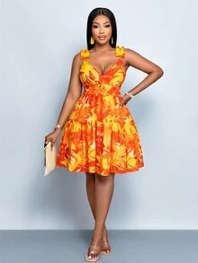 SOLERSUN Plus Size Women's Yellow Summer Boho Vacation Holiday Tropical Floral Leaf Print Crossover V-Neck Ruffled Strap Sleeveless A-Line Double-Layer Dress - Orange - View 3