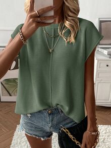 SHEIN Women's Solid Color Round Neck Loose Casual Knit Vest - Olive Green - View 3
