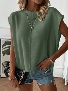 SHEIN Women's Solid Color Round Neck Loose Casual Knit Vest - Olive Green - View 6