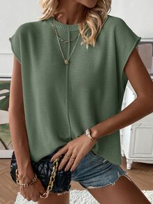 SHEIN Women's Solid Color Round Neck Loose Casual Knit Vest - Olive Green - View 7