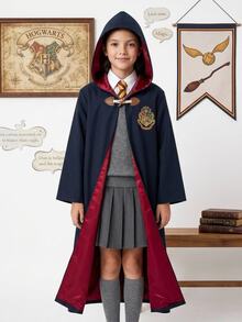 PrepCrw HARRY POTTER X SHEIN Áo choàng có mũ phong cách thường ngày cho bé gái tuổi tween, họa tiết thêu chữ - màu đen - Xem 2