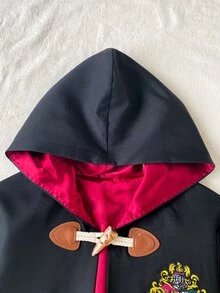 PrepCrw HARRY POTTER X SHEIN Áo choàng có mũ phong cách thường ngày cho bé gái tuổi tween, họa tiết thêu chữ - màu đen - Xem 7