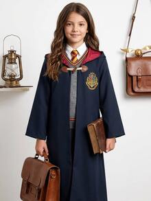 PrepCrw HARRY POTTER X SHEIN Áo choàng có mũ phong cách thường ngày cho bé gái tuổi tween, họa tiết thêu chữ - màu đen - Xem 3
