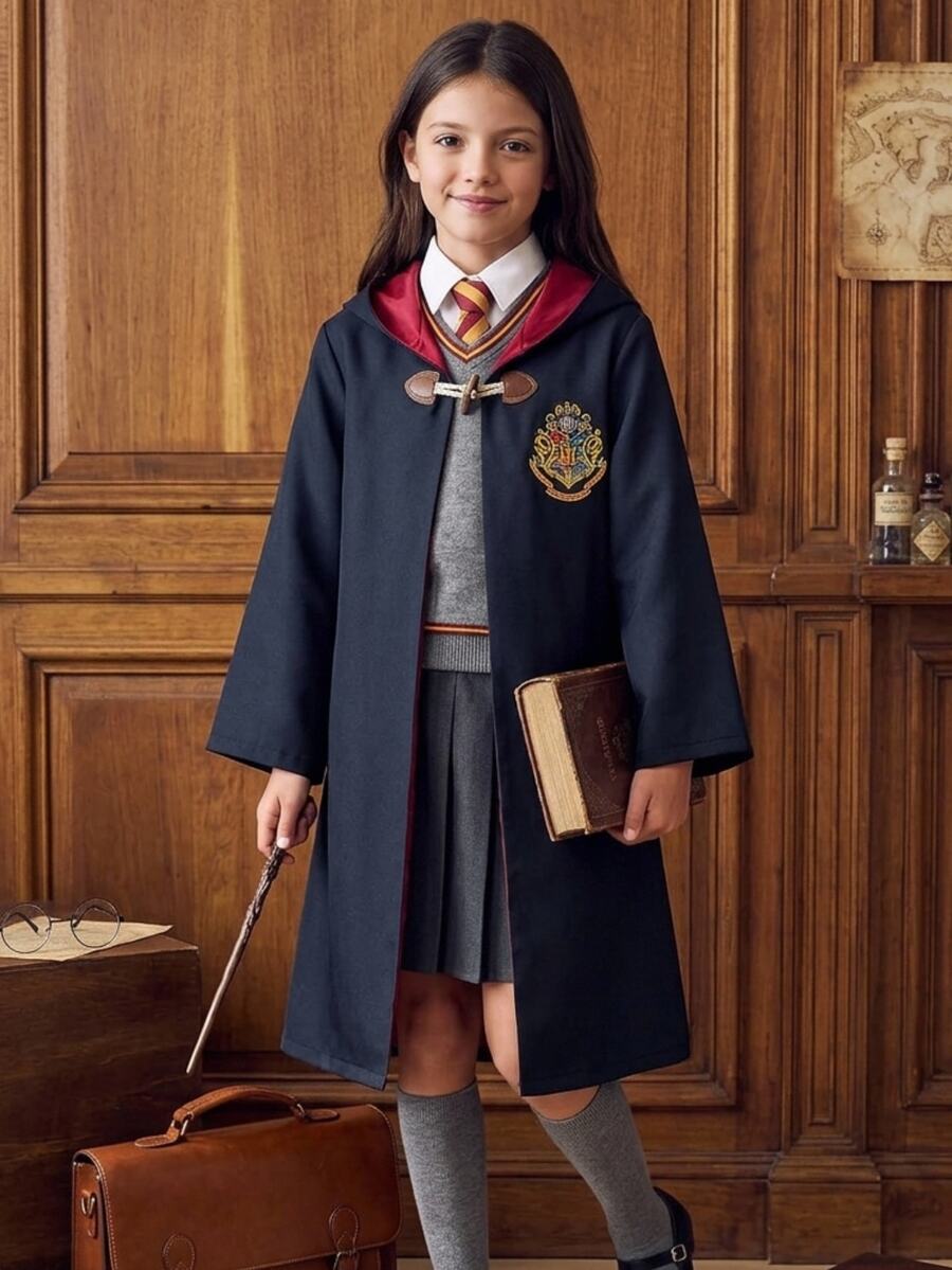PrepCrw HARRY POTTER X SHEIN Áo choàng có mũ phong cách thường ngày cho bé gái tuổi tween, họa tiết thêu chữ - màu đen - Xem 1
