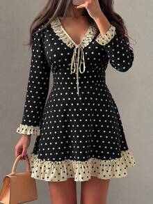 Modelyn Black V Neck Contrast Ruffle Polka Dot Mini Dress, Long Sleeve Tie Front A-Line Casual Skater Dress For Early Autumn Afternoon Tea Street Trip - Multicolor - View 4