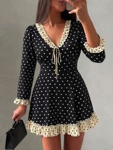 Modelyn Black V Neck Contrast Ruffle Polka Dot Mini Dress, Long Sleeve Tie Front A-Line Casual Skater Dress For Early Autumn Afternoon Tea Street Trip - Multicolor - View 5