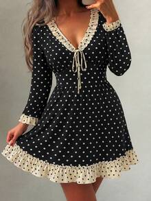 Modelyn Black V Neck Contrast Ruffle Polka Dot Mini Dress, Long Sleeve Tie Front A-Line Casual Skater Dress For Early Autumn Afternoon Tea Street Trip - Multicolor - View 6