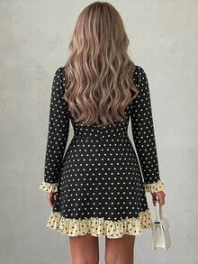 Modelyn Black V Neck Contrast Ruffle Polka Dot Mini Dress, Long Sleeve Tie Front A-Line Casual Skater Dress For Early Autumn Afternoon Tea Street Trip - Multicolor - View 2
