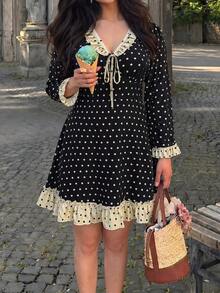 Modelyn Black V Neck Contrast Ruffle Polka Dot Mini Dress, Long Sleeve Tie Front A-Line Casual Skater Dress For Early Autumn Afternoon Tea Street Trip - Multicolor - View 3
