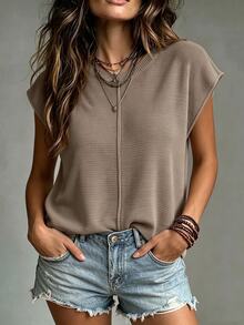 SHEIN Women's Round Neck Solid Color Minimalist Casual Classic Sweater Vest, Suitable Daily Outings Gatherings Commuting Street Vacation Wear, Autumn Office - Mocha Brown - View 2