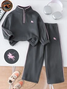 SHEIN 2件組幼女學院風刺繡貼布半拉鍊立領長袖寬腿褲抓絨加厚運動衫褲套裝秋季穿搭 - 深灰色 - 查看 3