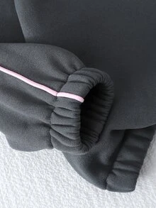 SHEIN 2件組幼女學院風刺繡貼布半拉鍊立領長袖寬腿褲抓絨加厚運動衫褲套裝秋季穿搭 - 深灰色 - 查看 6