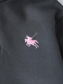 SHEIN 2件組幼女學院風刺繡貼布半拉鍊立領長袖寬腿褲抓絨加厚運動衫褲套裝秋季穿搭 - 深灰色 - 查看 7