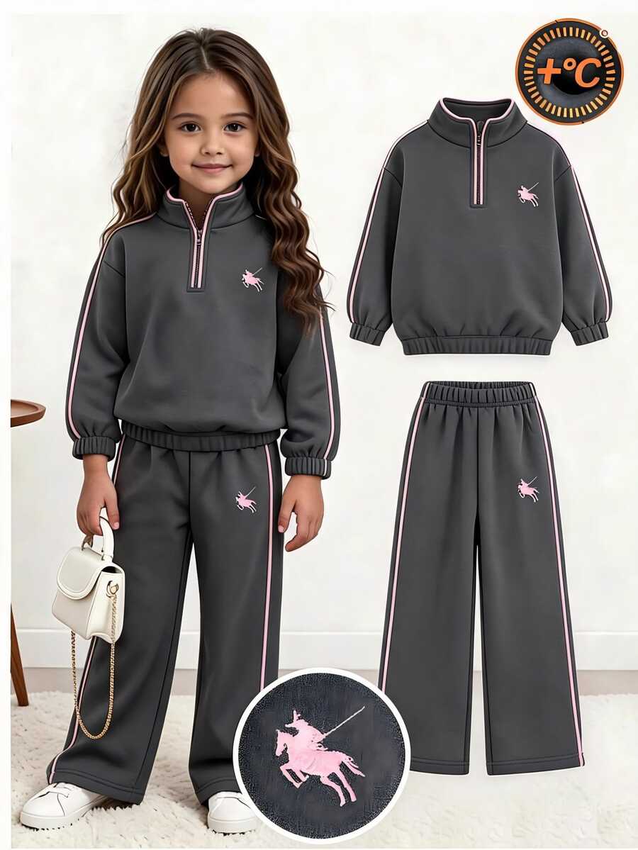 SHEIN 2件組幼女學院風刺繡貼布半拉鍊立領長袖寬腿褲抓絨加厚運動衫褲套裝秋季穿搭 - 深灰色 - 查看 1