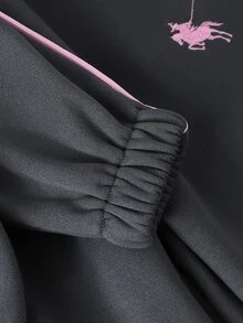 SHEIN 2件組幼女學院風刺繡貼布半拉鍊立領長袖寬腿褲抓絨加厚運動衫褲套裝秋季穿搭 - 深灰色 - 查看 9