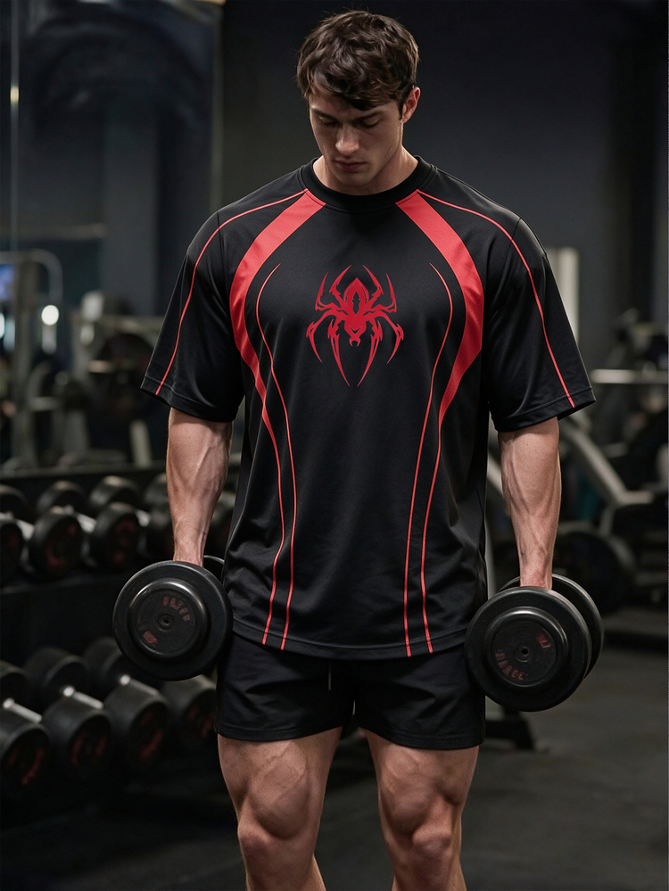 Gym Rark Men's Spider Pattern Contrast Color Casual Daily Travel Sports T-Shirt, Gym - Black - View 1