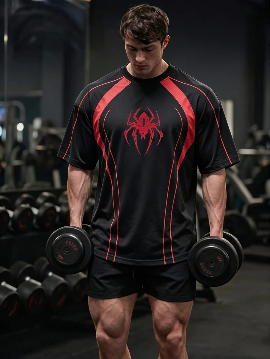 Gym Rark 男士蜘蛛圖案對比色休閒日常旅行運動T恤，健身房穿搭 - 黑色 - 查看 1