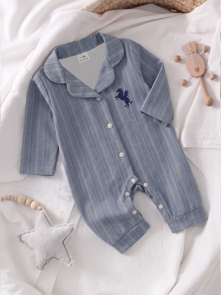 Newborn Home Wear Open Front Romper, Infant Suit Collar Striped One-Piece Jumpsuit, Exquisite Pony Pattern Long Sleeve Snap Button Baby Pajamas, Newborn Home Wear One-Piece Sleepwear - Multicolor - View 5