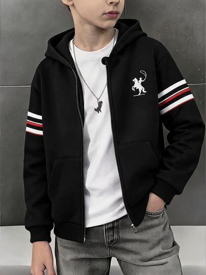 SHEIN Kids Tween Boy Casual Sports College Print Pattern Retro Hoodie Jacket With Fleece Lining, Suitable For Back To School Season, Birthday Parties, Evening Events, Performances, Weddings, Christenings, Opening Ceremonies And Daily Wear In Autumn/Winter