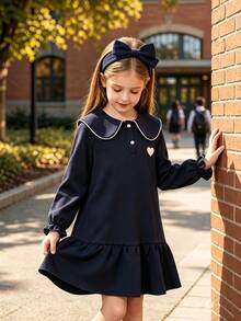 SHEIN Elladie kids Mädchenkleid mit Rüschen-Peter-Pan-Kragen, langen Ärmeln, Patchwork-Rüschensaum, süßer Bärenstickerei, koreanischem Stil, 7. Geburtstag, Marineblau, Herbst - marineblau - Übersicht 3