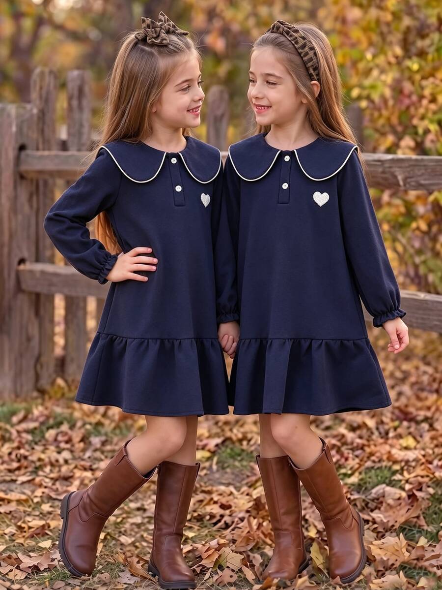 SHEIN Elladie kids Mädchenkleid mit Rüschen-Peter-Pan-Kragen, langen Ärmeln, Patchwork-Rüschensaum, süßer Bärenstickerei, koreanischem Stil, 7. Geburtstag, Marineblau, Herbst