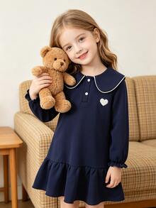 SHEIN Elladie kids Mädchenkleid mit Rüschen-Peter-Pan-Kragen, langen Ärmeln, Patchwork-Rüschensaum, süßer Bärenstickerei, koreanischem Stil, 7. Geburtstag, Marineblau, Herbst - marineblau - Übersicht 6