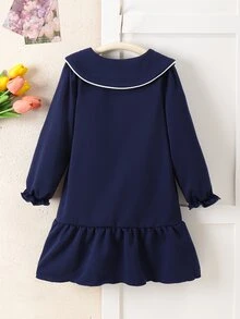 SHEIN Elladie kids Mädchenkleid mit Rüschen-Peter-Pan-Kragen, langen Ärmeln, Patchwork-Rüschensaum, süßer Bärenstickerei, koreanischem Stil, 7. Geburtstag, Marineblau, Herbst - marineblau - Übersicht 4