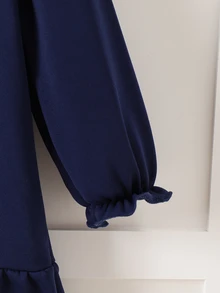 SHEIN Elladie kids Mädchenkleid mit Rüschen-Peter-Pan-Kragen, langen Ärmeln, Patchwork-Rüschensaum, süßer Bärenstickerei, koreanischem Stil, 7. Geburtstag, Marineblau, Herbst - marineblau - Übersicht 7