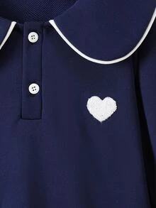SHEIN Elladie kids Mädchenkleid mit Rüschen-Peter-Pan-Kragen, langen Ärmeln, Patchwork-Rüschensaum, süßer Bärenstickerei, koreanischem Stil, 7. Geburtstag, Marineblau, Herbst - marineblau - Übersicht 10