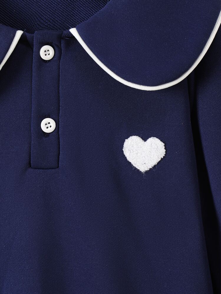 SHEIN Elladie kids 女童波浪彼得潘領長袖拼接荷葉邊可愛熊刺繡韓風洋裝 7歲生日 海軍藍 秋季 - 藏蓝色 - 查看 9