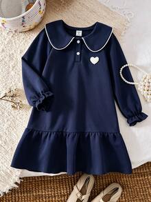 SHEIN Elladie kids Mädchenkleid mit Rüschen-Peter-Pan-Kragen, langen Ärmeln, Patchwork-Rüschensaum, süßer Bärenstickerei, koreanischem Stil, 7. Geburtstag, Marineblau, Herbst - marineblau - Übersicht 8