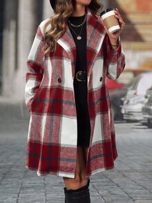 Easura 大尺碼女款格紋雙排扣長袖休閒大衣 - 紅白色 - 查看 5