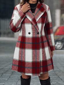 Easura 大尺碼女款格紋雙排扣長袖休閒大衣 - 紅白色 - 查看 6