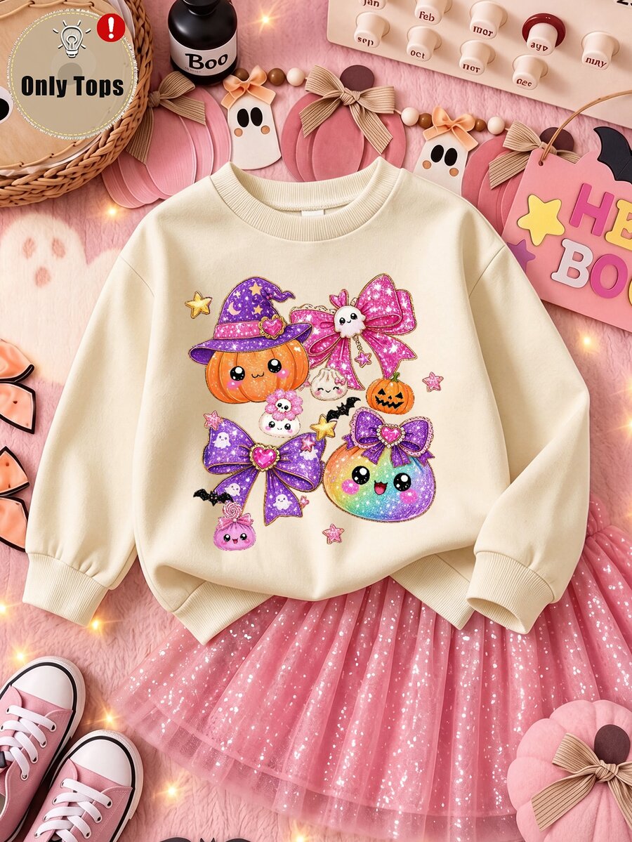 SHEIN Genkimix Kids Girls Sweet Cute Halloween Bow & Little Ghost Pumpkin Pattern, Apricot Round Neck Sweatshirt, Suitable For Autumn/Winter Daily, Halloween, Holiday Party - Black - View 1