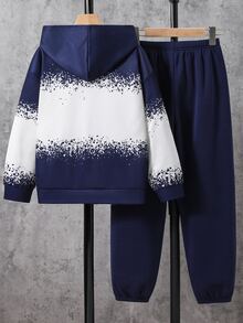 SHEIN 兒童青少年男孩字母與數字印花秋季連帽衛衣與運動長褲休閒日常穿搭套裝 - 藍色 - 查看 4