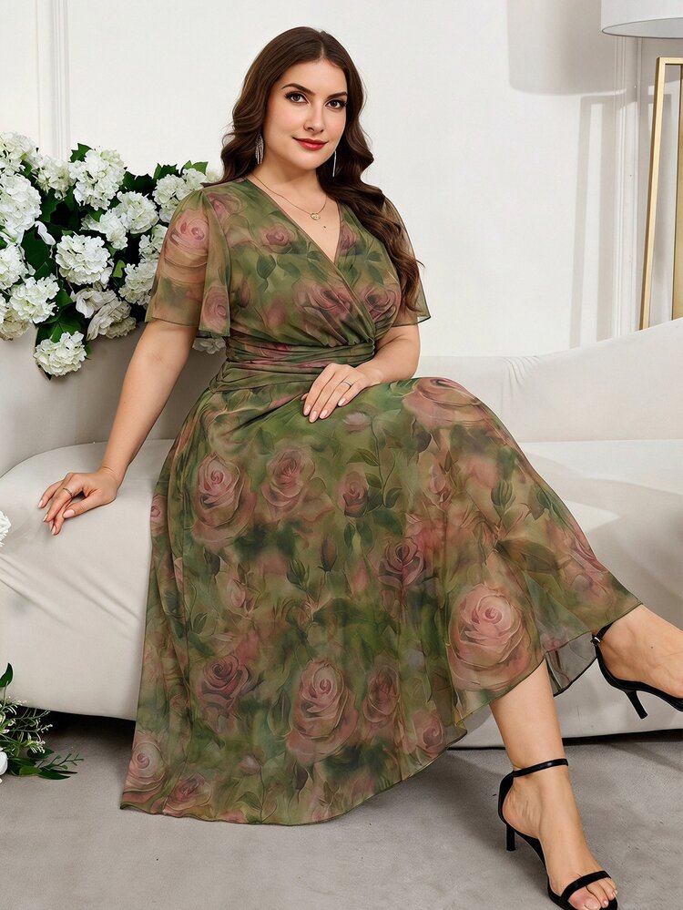 Reflora Plus Size Women's V-Neck Floral Print Casual Elegant Party Wedding Guest Travel Dress Green Summer - Multicolor - View 4