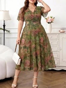 Reflora 大尺碼女款V領花卉印花休閒派對與旅行洋裝 - 彩色 - 查看 3