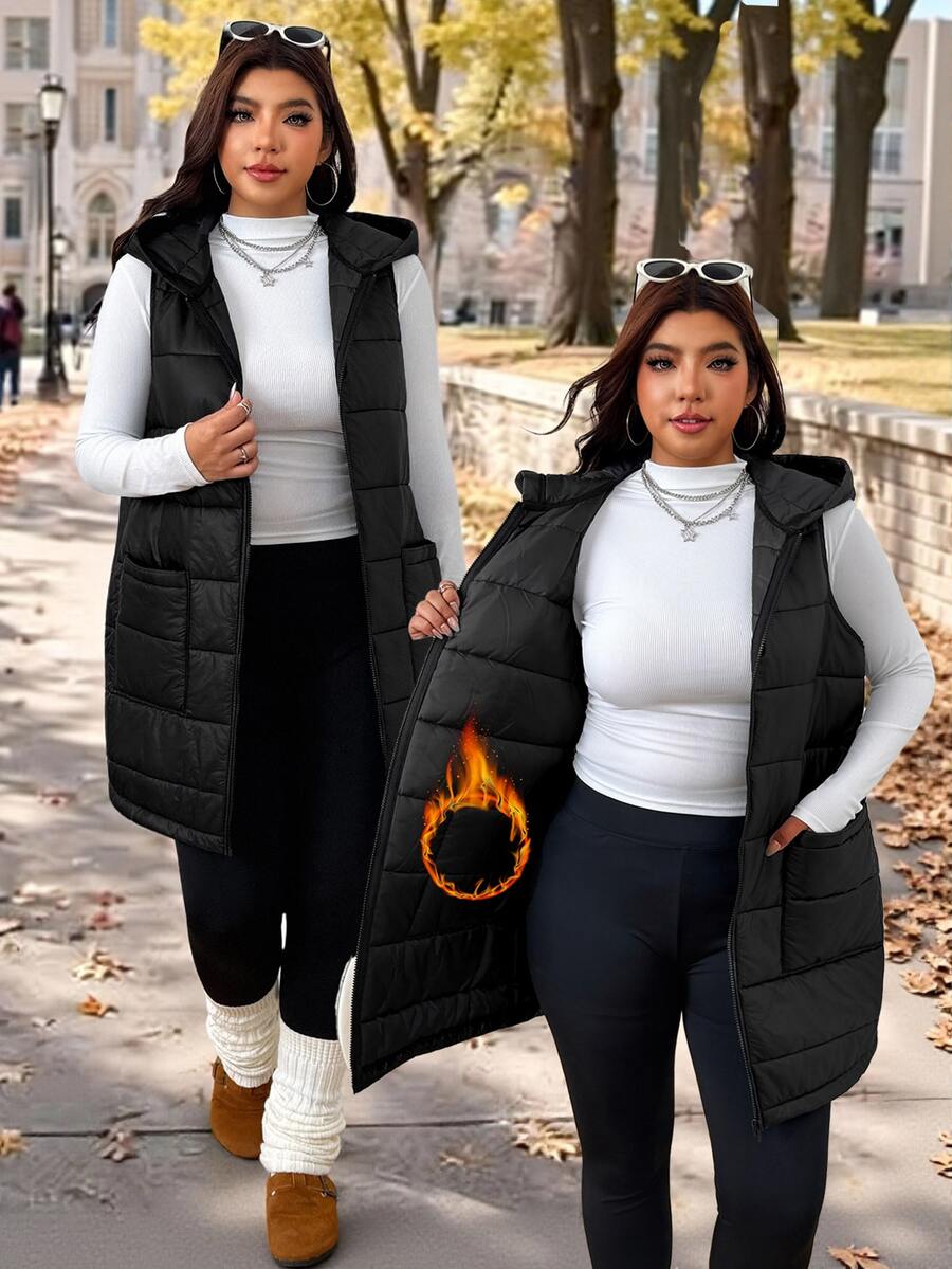 SHEIN EZwear 大尺碼冬季休閒百搭無袖連帽外套 - 黑色 - 查看 1