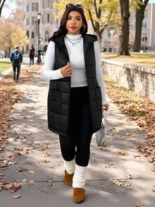 SHEIN EZwear 大尺碼冬季休閒百搭無袖連帽外套 - 黑色 - 查看 3