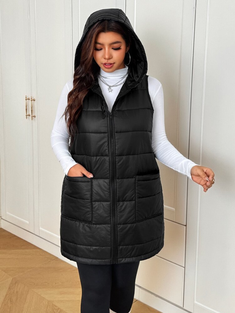SHEIN EZwear Plus Size Winter Casual Versatile Sleeveless Hooded Jacket - Black - View 6