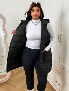 SHEIN EZwear 大尺碼冬季休閒百搭無袖連帽外套 - 黑色 - 查看 12
