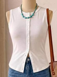 Rusticease Plus Size Solid Color Knit Fitted Tank Top, Casual Traditional Elegant,Teacher/Summer House White Summer Tops Office Formal Party - White - View 3