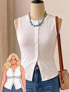 Rusticease Plus Size Solid Color Knit Fitted Tank Top, Casual Traditional Elegant,Teacher/Summer House White Summer Tops Office Formal Party - White - View 2