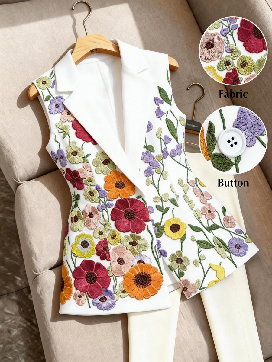 GlowEve CURVE Plus Size Women Floral Embroidery Casual Versatile Commuting Vest Jacket - White - View 1